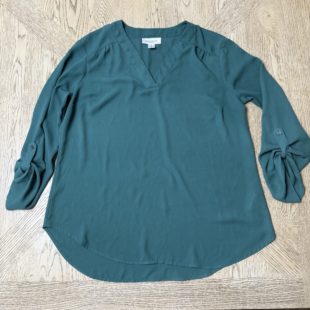 Motherhood Maternity Small Green Long Sleeve V-neck Blouse Roll Tab Sleeves